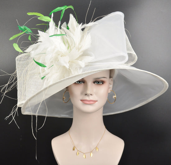 White Feather Flower Derby Hat, Wide Brim Sinamay Organza, Tea Party Wedding Hat
