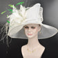 White Feather Flower Derby Hat, Wide Brim Sinamay Organza, Tea Party Wedding Hat