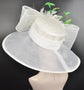 White Feather Flower Derby Hat, Wide Brim Sinamay Organza, Tea Party Wedding Hat