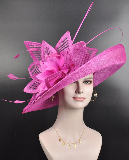 Hot Pink Sinamay Derby Hat: Wide Brim Feathered Church Ascot Hat