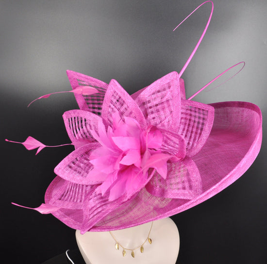 Hot Pink Sinamay Kentucky Derby Hat: Wide Brim Feathered Church Ascot Hat