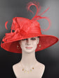 Red Sinamay Derby Hat: Wide Brim Feathered Tea Party Hat