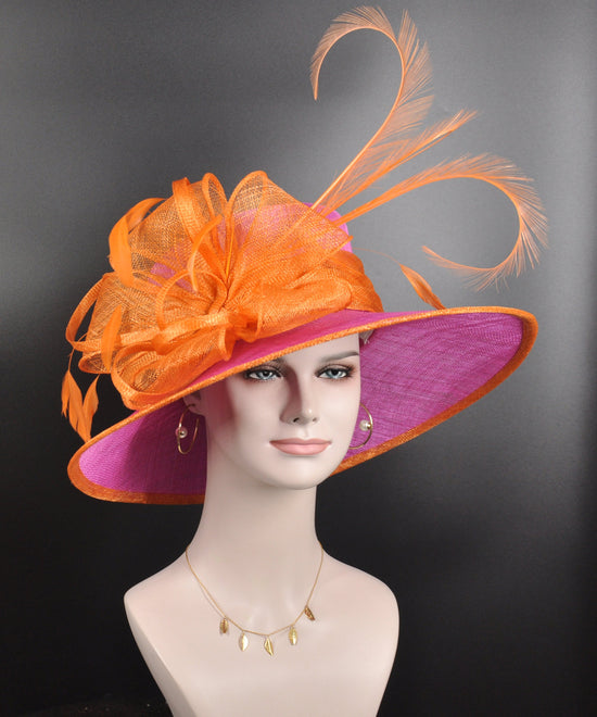 Fuchsia & Orange Sinamay Derby Hat: Wide Brim Feathered Tea Party Hat
