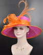 Fuchsia & Orange Sinamay Derby Hat: Wide Brim Feathered Tea Party Hat