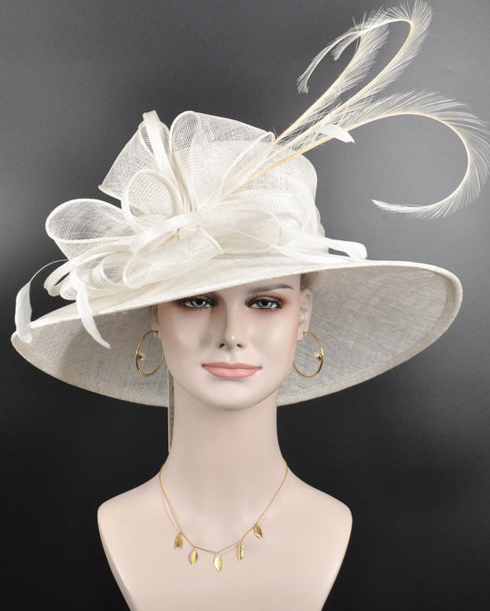 White Wide Brim Sinamay Hat, Kentucky Derby, Feather Fascinator
