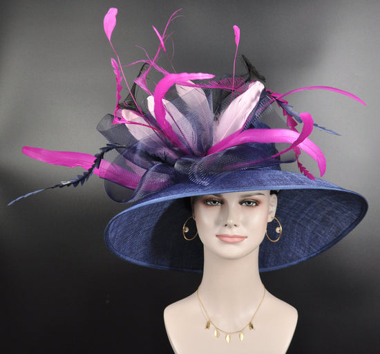 Wide Brim Sinamay Kentucky Derby Hat, Navy Blue Fuchsia Feather