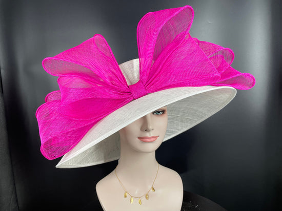 Wide Brim Sinamay Derby Hat: White Church Hat with Fuchsia Bow