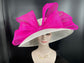 Wide Brim Sinamay Derby Hat: White Church Hat with Fuchsia Bow