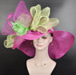 Wide Brim Sinamay Hat, Kentucky Derby Hat, Church hat, Tea Party Hat, Custom hat, Formal Hat, Fashion Hat Fuchsia Pink, Green Jumbo Bows