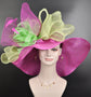 Wide Brim Sinamay Hat, Kentucky Derby Hat, Church hat, Tea Party Hat, Custom hat, Formal Hat, Fashion Hat Fuchsia Pink, Green Jumbo Bows