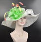 Wide Brim Sinamay Derby Hat: White, Mint, Coral & Feather Flower