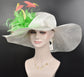 Wide Brim Sinamay Derby Hat: White, Mint, Coral & Feather Flower