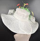 Wide Brim Sinamay Derby Hat: White, Mint, Coral & Feather Flower