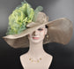 Wide Brim Sinamay Derby Hat: Taupe with Green Silk Flower