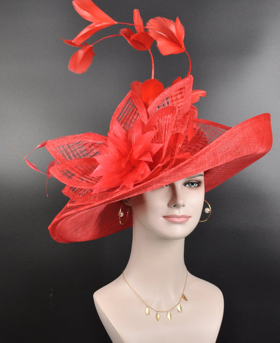 Red Sinamay Wide Brim Kentucky Derby Hat, Feather Church Hat