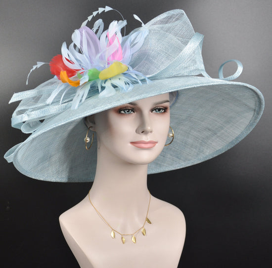 Powder Blue Sinamay Derby Hat: Feather Flower Tea Party Hat