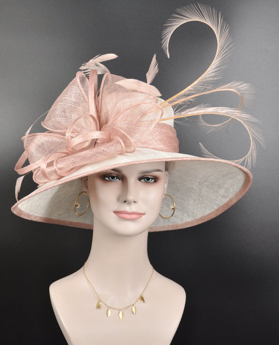 Wide Brim Sinamay Derby Hat: Blush Pink Feather Church Hat