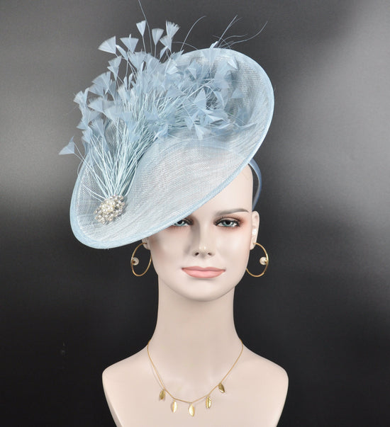 Powder Blue Sinamay Fascinator: Feather Flower Derby Hat