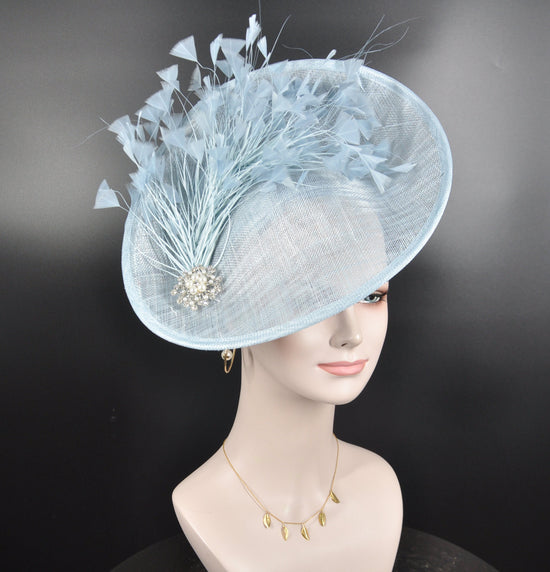 Powder Blue Sinamay Fascinator: Feather Flower Kentucky Derby Hat