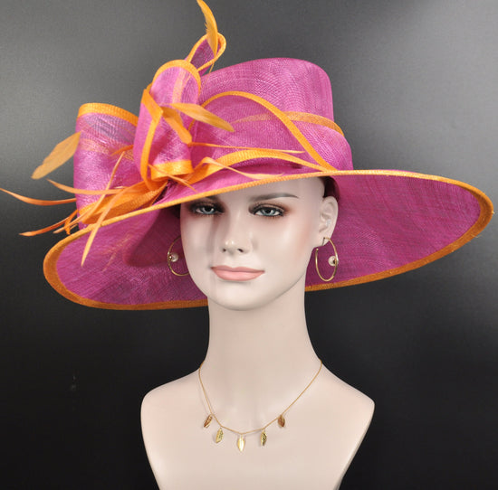 Sinamay Derby Hat: Hot Pink & Orange Wide Brim Ascot Hat