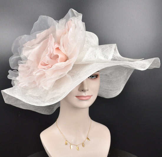 Wide Brim Sinamay Derby Hat: White with Blush Pink Silk Flower