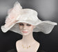 Wide Brim Sinamay Derby Hat: White with Blush Pink Silk Flower