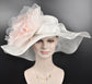 Wide Brim Sinamay Derby Hat: White with Blush Pink Silk Flower