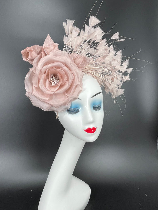 Blush Silk Flower Feather Fascinator Hat, Royal Ascot Headband
