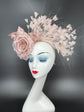 Blush/ Dusty Pink  Silk Flower with Goose and Rooster Feather Flowers Fascinator Hat  Made On A Same Color Headband