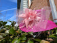 Fuchsia Sinamay Derby Hat: Pink Feather Flower, Wide Brim
