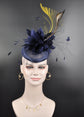 Sinamay Disc Fascinator Hat with Navy Blue  Jumbo  Feather Flower, God Feather and Netting