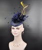 Sinamay Disc Fascinator Hat with Navy Blue  Jumbo  Feather Flower, God Feather and Netting
