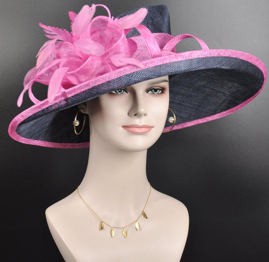 Navy Sinamay Kentucky Derby Hat: Hot Pink Feather Flower Wide Brim