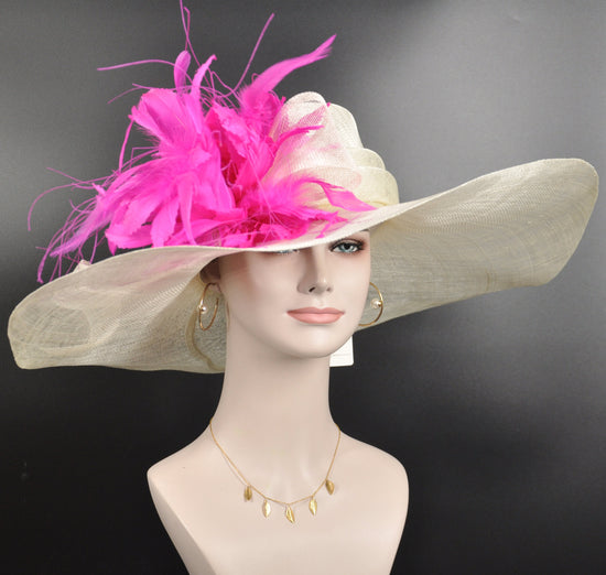 Ivory Sinamay Kentucky Derby Hat: Fuchsia Feather Flower Wide Brim
