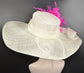 Ivory Sinamay Kentucky Derby Hat: Fuchsia Feather Flower Wide Brim