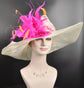 Wide Brim Sinamay Derby Hat: Ivory with Fuchsia Feather Flower