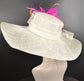 Wide Brim Sinamay Derby Hat: Ivory with Fuchsia Feather Flower