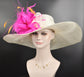 Wide Brim Sinamay Derby Hat: Ivory with Fuchsia Feather Flower