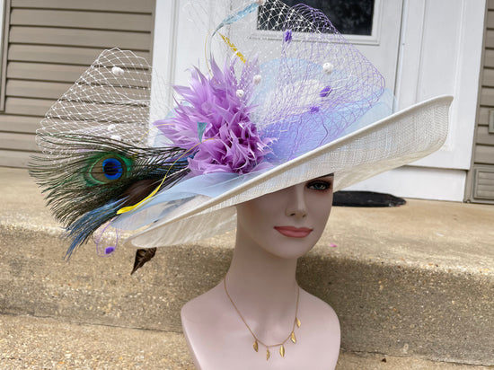 White Sinamay Kentucky Derby Hat, Lavender Floral Wide Brim
