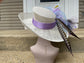 White Sinamay Kentucky Derby Hat, Lavender Floral Wide Brim