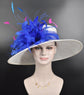 Church Kentucky Derby Hat Carriage Tea Party Wedding Wide Brim  Royal Ascot Horse Race Oaks day hat White with Royal Blue Fuchsia Teal Blue