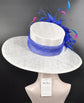 Church Kentucky Derby Hat Carriage Tea Party Wedding Wide Brim  Royal Ascot Horse Race Oaks day hat White with Royal Blue Fuchsia Teal Blue