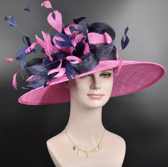 Sinamay Kentucky Derby Hat: Navy & Hot Pink Feather Ascot Hat
