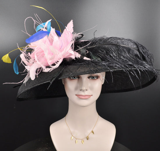 Black Sinamay Derby Hat: Pink Feather Church Ascot Hat