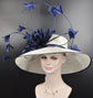 Wide Brim Sinamay Derby Hat: White w Navy Feather Flowers