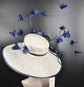 Wide Brim Sinamay Derby Hat: White w Navy Feather Flowers