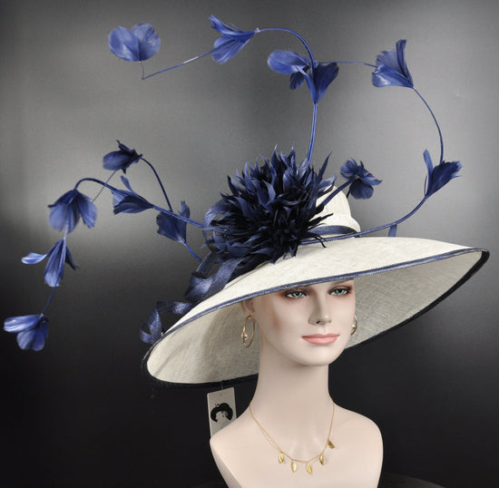 Wide Brim Sinamay Derby Hat: White w Navy Feather Flowers