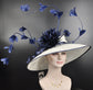Wide Brim Sinamay Derby Hat: White w Navy Feather Flowers