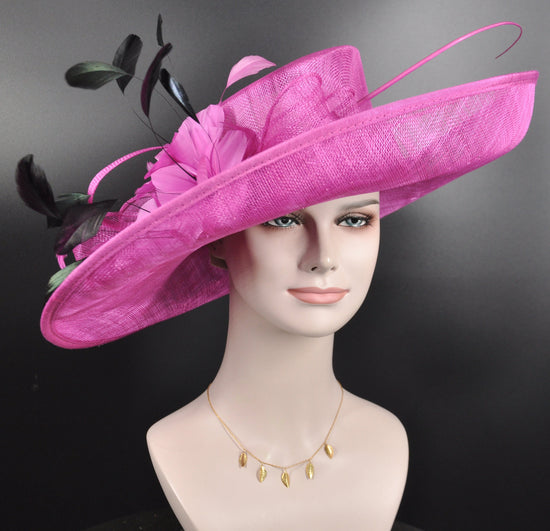Church, Kentucky Derby Hat, Carriage Tea Party,  Wedding Wide Brim Sinamay Hat, Fuchsia Pink+ Black (More Colors Options)