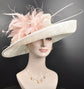 Wide Brim Sinamay Derby Hat: Blush Pink Feather Ascot Hat